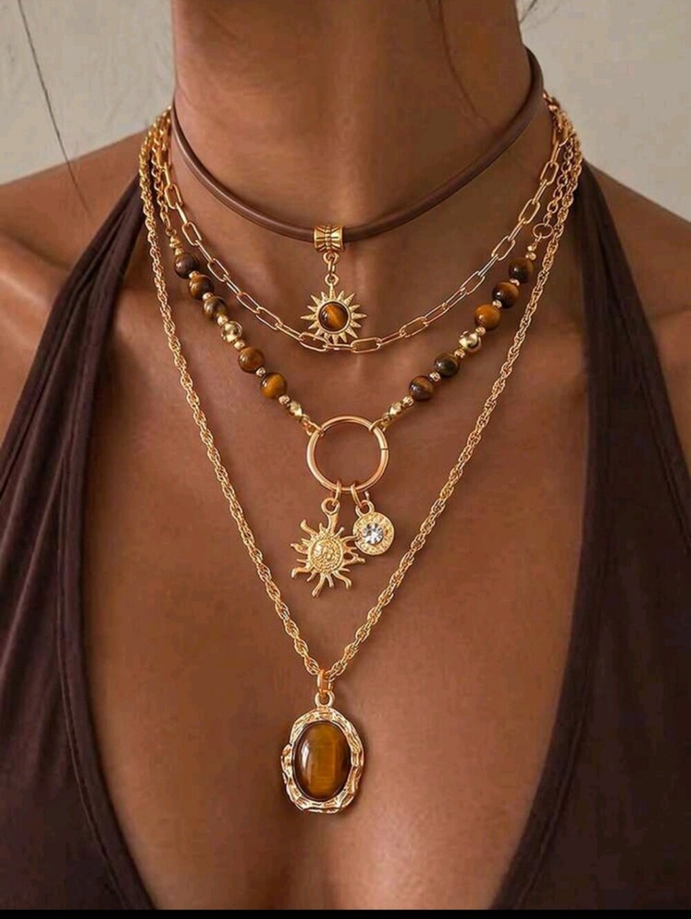 BRAND NEW ** 4PC Layered Gold and Brown Beaded Sun Pendant Necklace